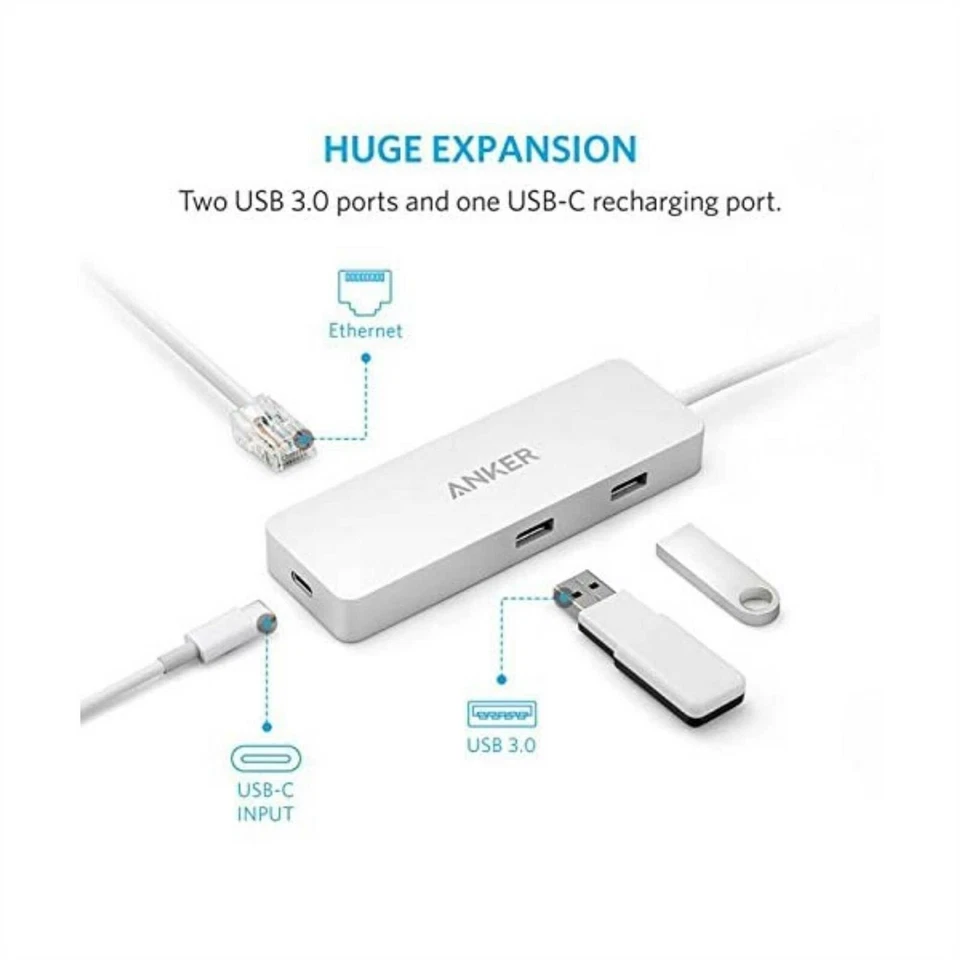 Anker Premium USB-C Hub Ethernet Dual USB 3.0 Recharging Type C 60W PD A8302H41 - Image 3 of 4