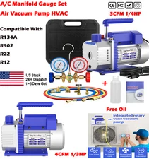 A/C Manifold Gauge Set 3CFM 4CFM Air Vacuum Pump HVAC+R134A R502 R22 R12 Kit A/C