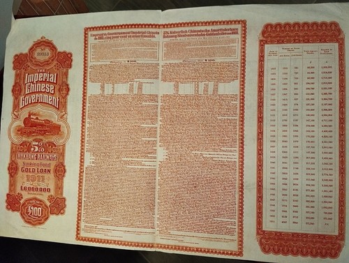 China 1911 Ferrocarril Imperial Chino Hukuang 100 Libras DAB Préstamo de Bono de Oro - Imagen 4 de 5