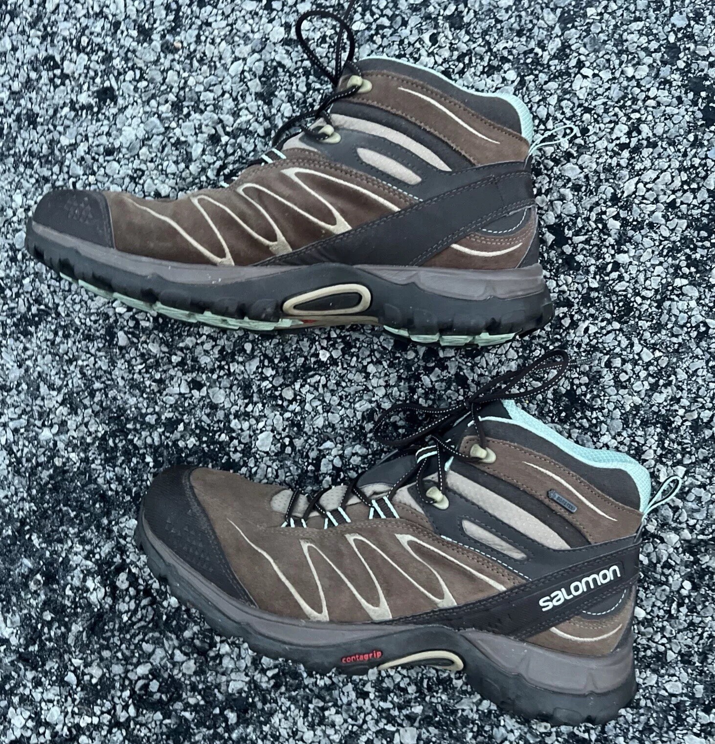 Scarpe da donna Salomon Trail Hiking atletiche taglia 10 marroni con interno blu