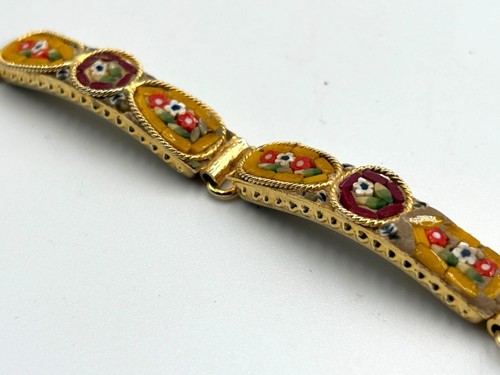 Vintage Art Deco Italian Micro Mosaic Floral Gold-Tone Bracelet 7.5" Oval Links - 第 13/15 張圖片