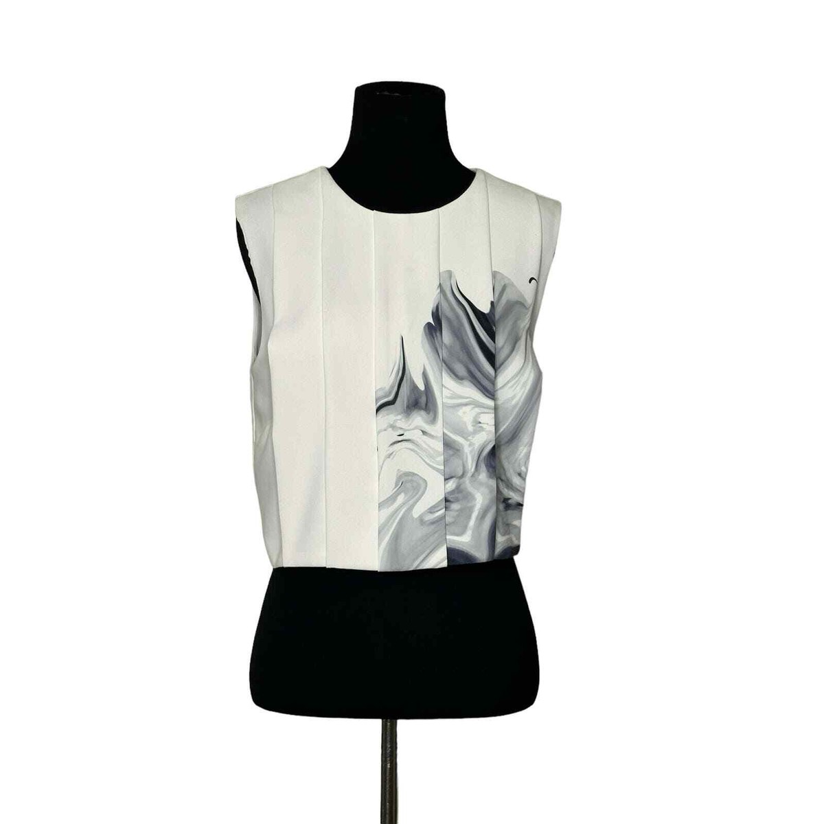 Sheike cream gray flower print sleeveless pleated dress blouse
