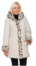 Dennis Basso Faux Fur & Water Resistant Puffer Reversible Coat, Snow Lynx, S-XXS