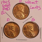 1945 P D S LINCOLN WHEAT CENT PENNY 1C GEM RED BU SET (3 COINS) 45507