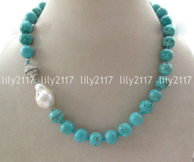 Natural 12mm Blue Turquoise Round Gems Beads White keishi Pearl Necklace 19''
