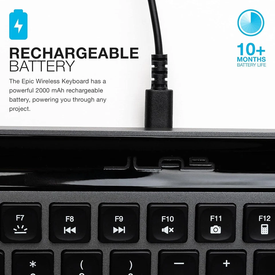 JLab Epic Wireless Keyboard, Black, 108 Keys, Multi-Device, 2.4G/Bluetooth - Image 3 of 4