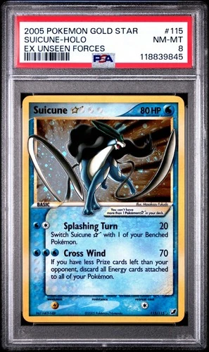 2005 POKEMON GOLD STAR SUICUNE-HOLO EX UNSEEN FORCES #115 PSA 8 *SWIRL*