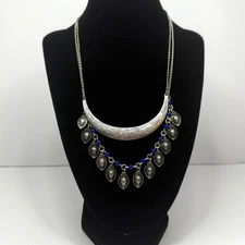 Crescent Charm Statement Bib Necklace Silver Tone Blue Beads Dangle Jewelry 10in