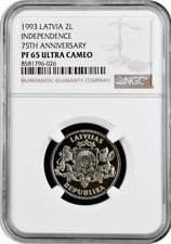 Latvia 2 lati 1993, NGC PF65 UC,  75th Anniversary of the Republic of Latvia 