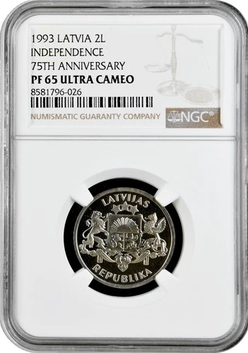 Latvia 2 lati 1993, NGC PF65 UC, "75th Anniversary of the Republic of Latvia"