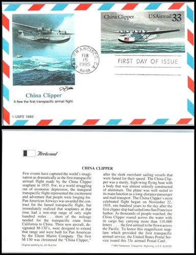 1985 China Clipper 1st Transpacific Airmail  Sc UXC22 FDC with Fleetwood cachet
