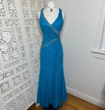 Cecily Brown Sequin Beaded Fairycore Blue Strapless V Neck Formal Prom Dress