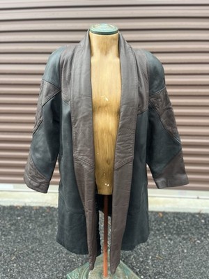 Vintage Preston & York Leather Coat L Two Tone Black Brown Open Front Made Korea