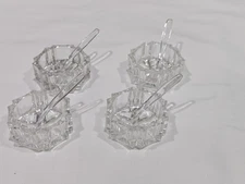 Lot of 4 Hexagonal Glass salt cellars With Plastic Spoons 
