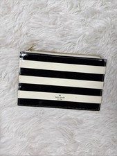 Kate Spade NY Black White Stripe Pencil Pouch Cosmetic Bag Pink Lining