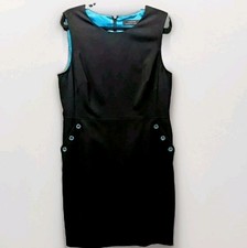 Tahari Arthur Levine Shift Dress Sz 12 Black Blue Satin Sleeveless Pockets NWOT