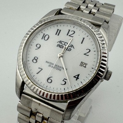 VTG Acqua Timex Quartz Watch Men Silver Fluted Bezel Date Analog New Batte 7.75''