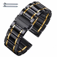 Black & Gold Ceramic Replacement Watch Band Butterfly Clasp Quick Release #8002