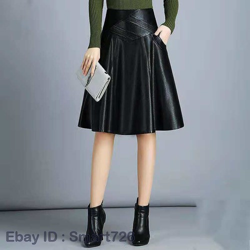 Lady Black Faux Leather Skirt Frill Pleated Midi A-line PU Pockets Party Fashion - Picture 13 of 23