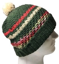 New Hand Knitted Beanie Hat Pom Pom Brim Green Red Pink Winter Unisex Handmade