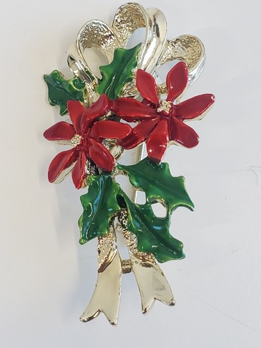 Vintage Gerrys Christmas Brooch Enamel Holly and Poinsettia Pin Signed Gerry’s