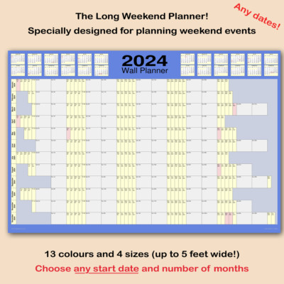 Event Wandplaner Kalender + lange Wochenenden! Jeder Datumsbereich. 13 Farben. 4 Größen