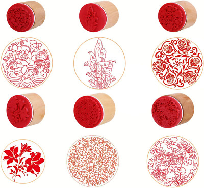6Pcs round Rubber Stamps Floral Pattern Wooden Stamps for Christmas Scrapbooking