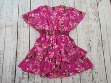 Taylor Hot Pink Floral V Neck Tiered Blouson Dress Women's Petite 12P