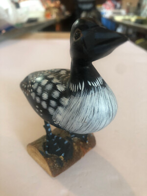 Wooden Loon Duck Decoy on Log 4'' Length, 4'' Height #F2