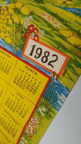 Vintage 1982 Cotton Fabric Tea Towel Wall Calendar Mill Scene Covered Bridge - Picture 7 of 7