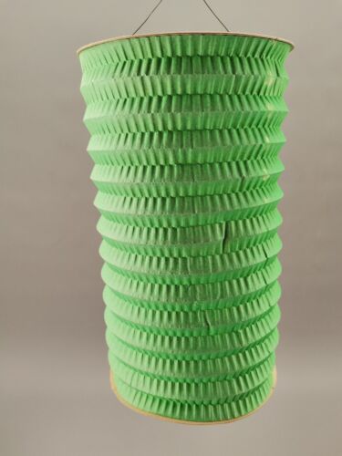 Ancienne lanterne lampion papier avec bougeoir cylindre monochrome vert 28 cm - Photo 1/8