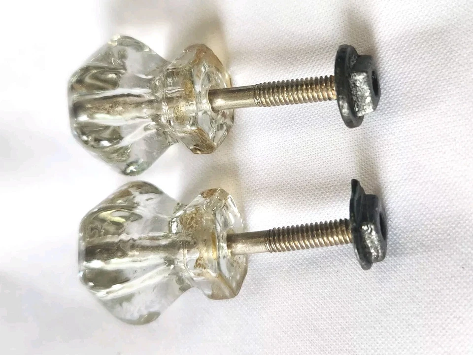 Vintage Clear Hexagon Gem Cut Glass Drawer Cabinet Knob Set Of 2 - Image 3 of 4