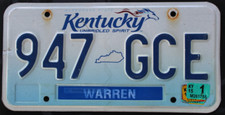 Kentucky WARREN  COUNTY License Plate Unbridled Spirit 947 GCE
