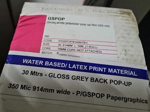 PaperGraphics gloss grey back pop up 350mic ,914mm Wide x30m