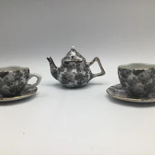 Vintage Miniature ￼￼Porcelain Black Floral Teapot W/2 Cups/Saucers Display Set