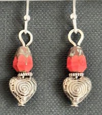 Etched Silver Heart and Coral Picasso Czech Bead Dangle Earrings.
