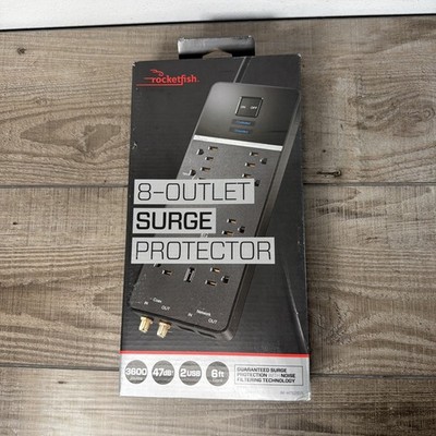 Rocketfish 8-Outlet Surge Protector 3600 J 6 ft Cord 2 USB Noise Filtering New!!