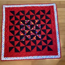 Baby Quilt NEW Red Pinwheel Patchwork 41x41  Polk-a-dots Hand Made Hand Quilted