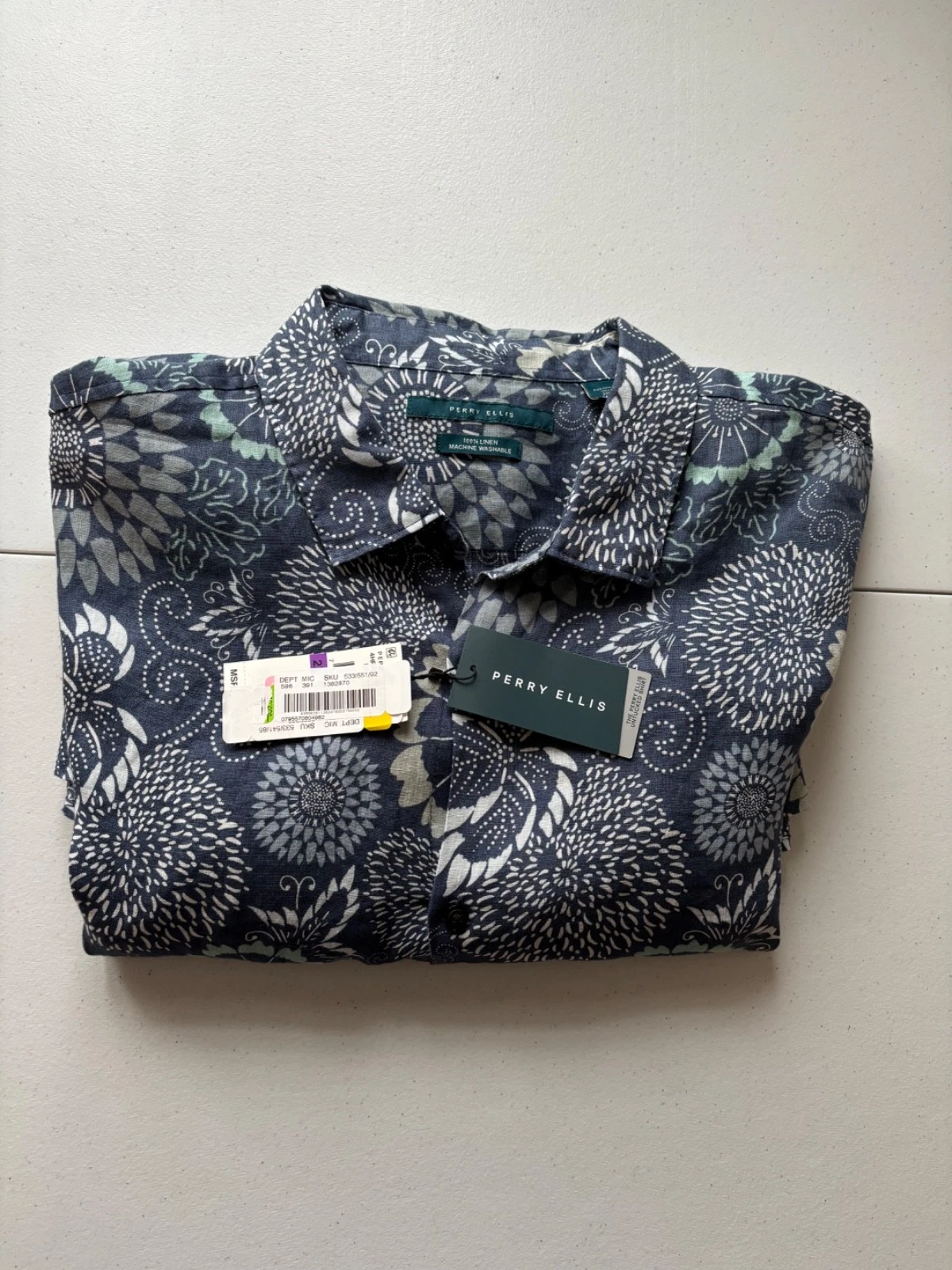 Perry Ellis, Mens LS B & T Size 3XLT, NWT, Untucked, 100% Linen, Retail $99
