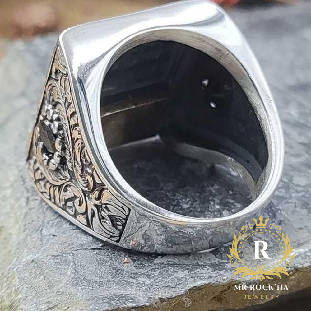 Word of Tawhid Written Engraving,Black Zircon,925 Sterling Silver Men's Ring