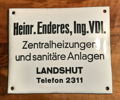 Altes Firmenschild ''Heinr. Enderes, Landshut'', gewölbtes Email