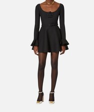 Valentino Italy Women's Black Wool Rose Appliqué Scoop Neck Belted Dress Size 40