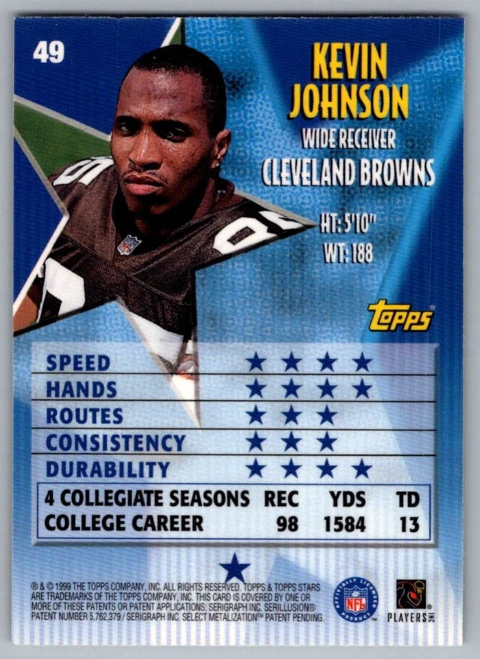 1999 Topps Stars Kevin Johnson Rookie Cleveland Browns #49 - Image 2 of 2