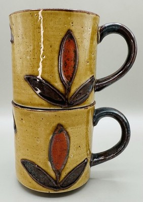 Vintage Japanese Stoneware Mug Set Otagiri Floral Brown Speckled Bohemian Retro
