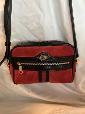 Gucci Ophidia Small Red Suede Black Patent Leather Crossbody Bag Gold Hardware 