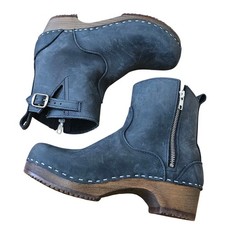 Sandgrens Zoccoli Stivali Donna 39 Nero Pelle Nabuk Buono Legno Tacco Zip Caviglia