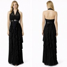 Betsy & Adam Formal Maxi Long Black Dress 8 Ruffle Crystal Halter Party NEW