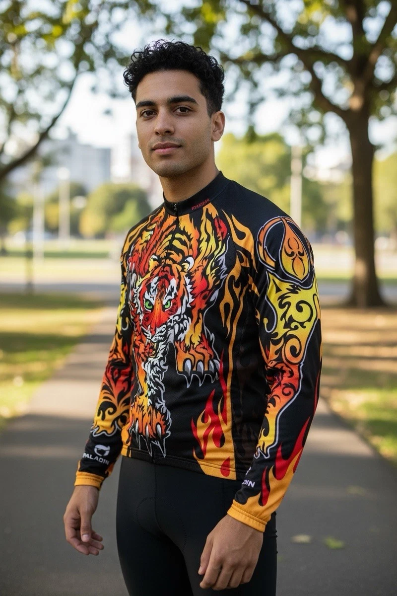 Maillot Cyclisme Homme Paladin Manches Longues – Motifs Crâne Et Flammes – Fermeture éclair – Taille L