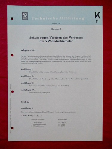 K11 VW Dienst Technische Mitteilung K11 1961 Vereisungsschutz Industrie Motor