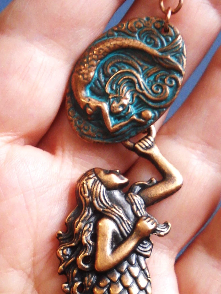 6" Drop Dangle Antiqued Copper Mermaid Seahorse Heart Clasp Key Ring Purse Glitz - Image 2 of 4